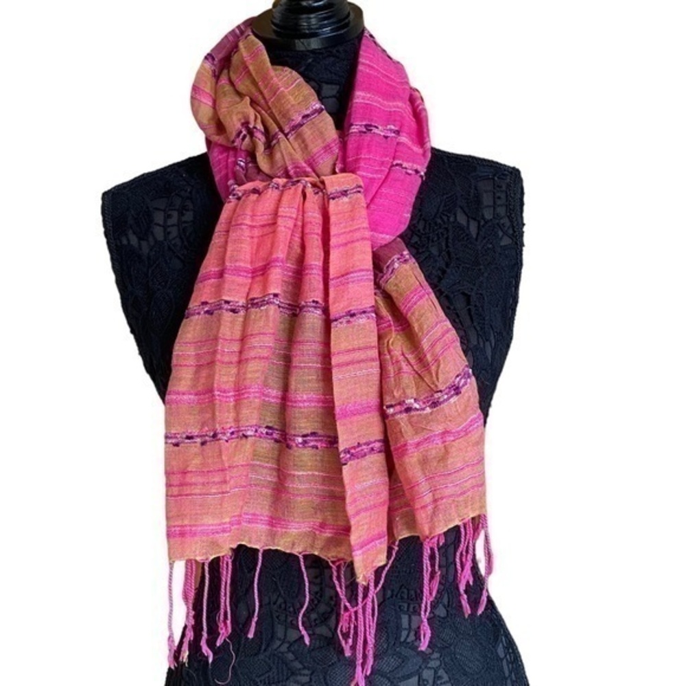 Macy’s neon magenta hot pink viscose fringed oblong skinny scarf wrap